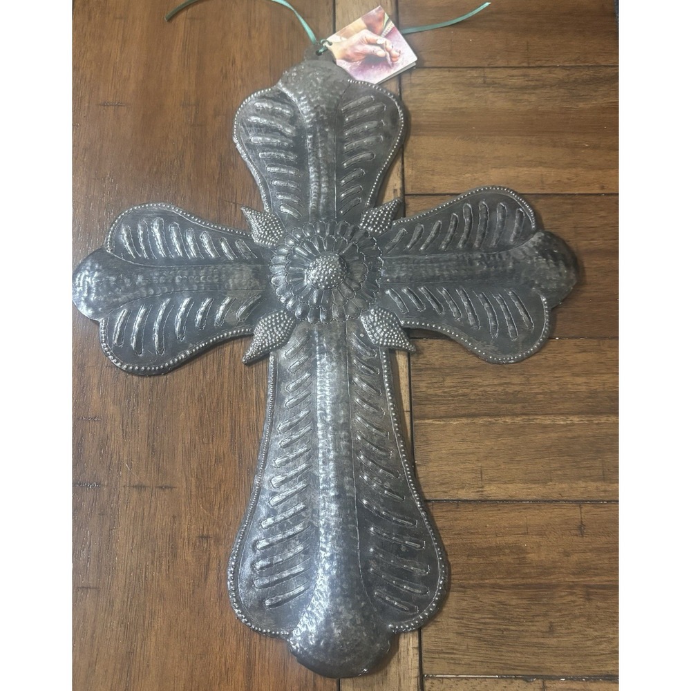 Haitian Handcrafted Recycled Steel Drum Floral Wall Cross 17x13 It's Cactus NEW